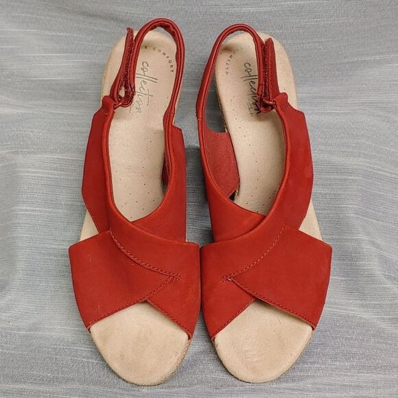 Clarks Red Lafley Alaine Open Toe Sling Back Espadrilles Wedges Heels Womens 10 - Picture 4 of 13